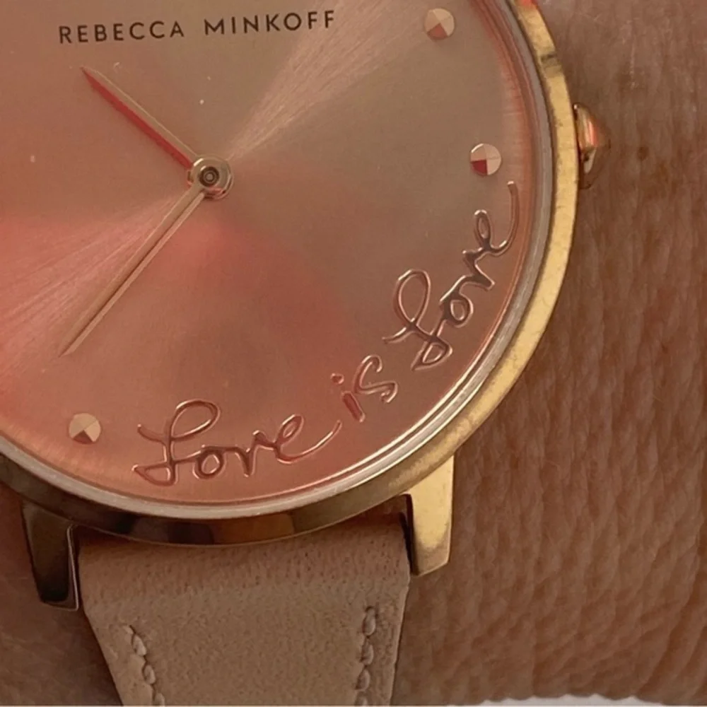 Rebecca Minkoff Rose Gold Love round Face Tan Leather Quartz Watch